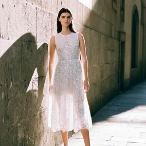 NWOT Self Portrait Beaded Eyelet Lace Sleeveless Bridal Belted MIDI Dress